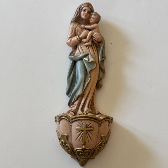 Vintage Italian Virgin Mary Baby Jesus Holy Water Font Religious Figurine Italy - Picture 9 of 10